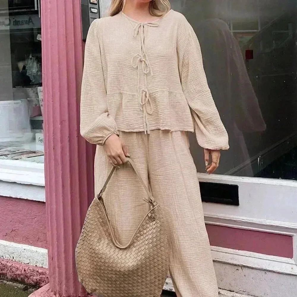 Apricot Casual Women's Lantern Sleeve Tie Waist Top & High Waist Pants Set
